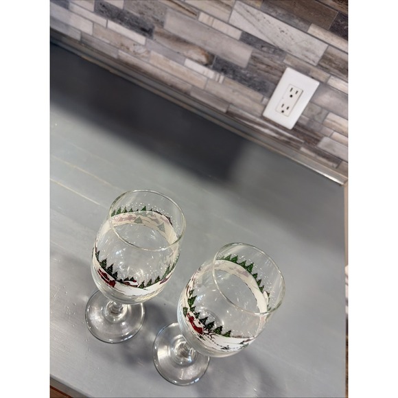 Libbey Currier Ives Wine Glasses Water Goblet Christmas Winter Scene Set of 2 - Picture 5 of 11